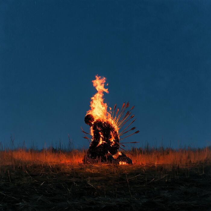 A figure on fire, pierced by arrows, kneels in a dark field, representing intense human emotions.