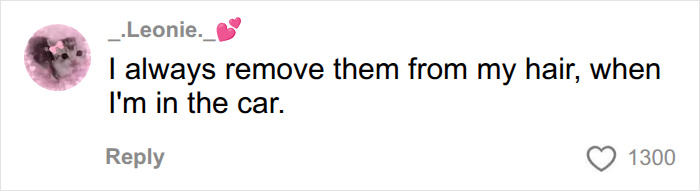 A social media comment about removing a hair accessory to avoid injuries in the car.