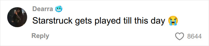 A social media comment from Dearra mentioning Starstruck being played often.