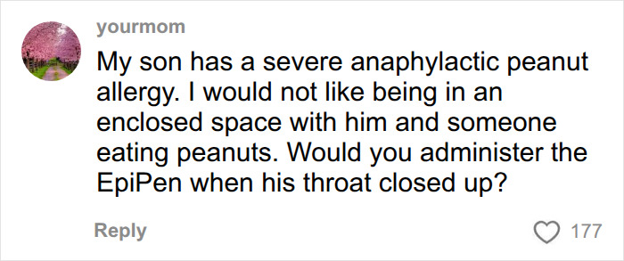 A comment about a son's severe anaphylactic peanut allergy, questioning a passenger's choice to eat peanuts on a plane. A comment about a son's severe anaphylactic peanut allergy, questioning a passenger's choice to eat peanuts on a plane.