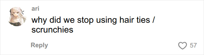 A comment asking why people stopped using hair ties and scrunchies, discussing hair accessory dangers.