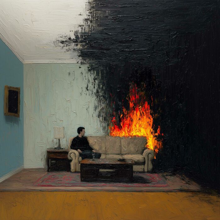 A man sits on a couch while the wall behind him is consumed by surreal flames, depicting human emotions.