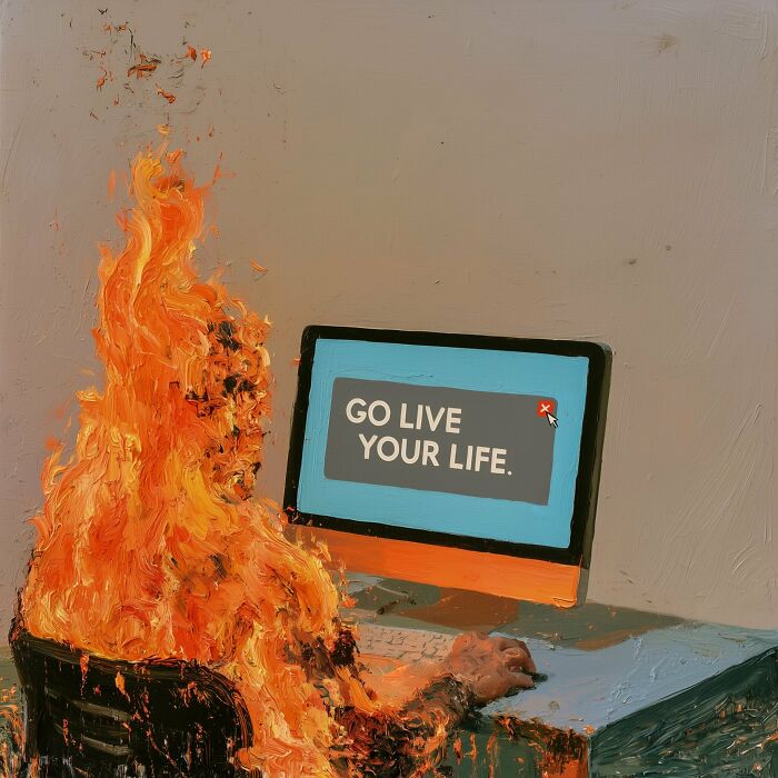 A Luca Ponsato surreal work: a person engulfed in flames sits at a computer displaying GO LIVE YOUR LIFE, exploring human emotions.