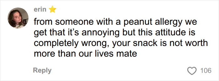 A comment from erin, a traveler with a peanut allergy, emphasizing safety over individual choice to eat peanuts on a plane. A comment from erin, a traveler with a peanut allergy, emphasizing safety over individual choice to eat peanuts on a plane.