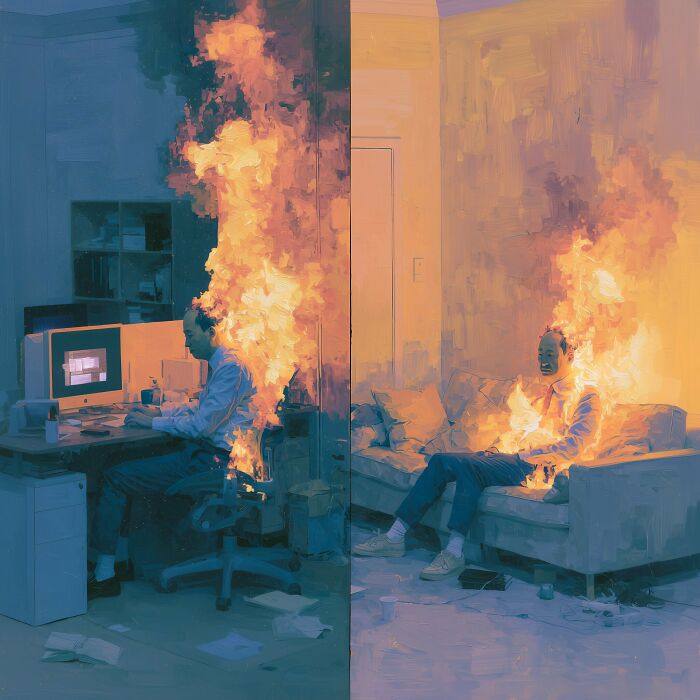 A Luca Ponsato surreal work: a man burning at a desk and on a couch, exploring human emotions.