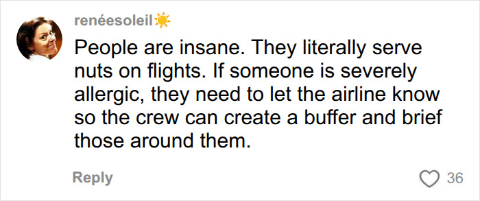 A social media comment about a passenger eating peanuts on plane and severe allergies. A social media comment about a passenger eating peanuts on plane and severe allergies.