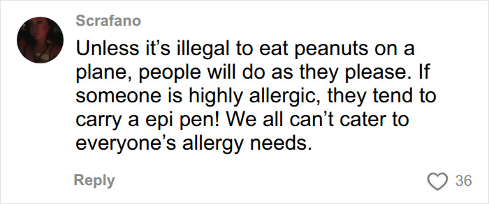 Comment about passenger eating peanuts on plane and allergy needs. Comment about passenger eating peanuts on plane and allergy needs.