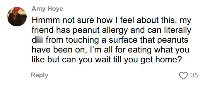 A comment from Amy Hoye discussing peanut allergy risks and the choice to eat peanuts on a plane. A comment from Amy Hoye discussing peanut allergy risks and the choice to eat peanuts on a plane.