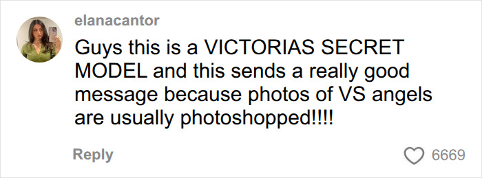 A comment emphasizing the positive message from Victoria's Secret Angel Sara Sampaio about Instagram bodies, angles and lighting. A comment emphasizing the positive message from Victoria's Secret Angel Sara Sampaio about Instagram bodies, angles and lighting.