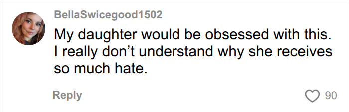A social media comment from 'BellaSwicegood1502' supporting a teacher's dress code choice, saying 'My daughter would be obsessed with this. I really don't understand why she receives so much hate.' with 90 likes. A social media comment from 'BellaSwicegood1502' supporting a teacher's dress code choice, saying 'My daughter would be obsessed with this. I really don't understand why she receives so much hate.' with 90 likes.