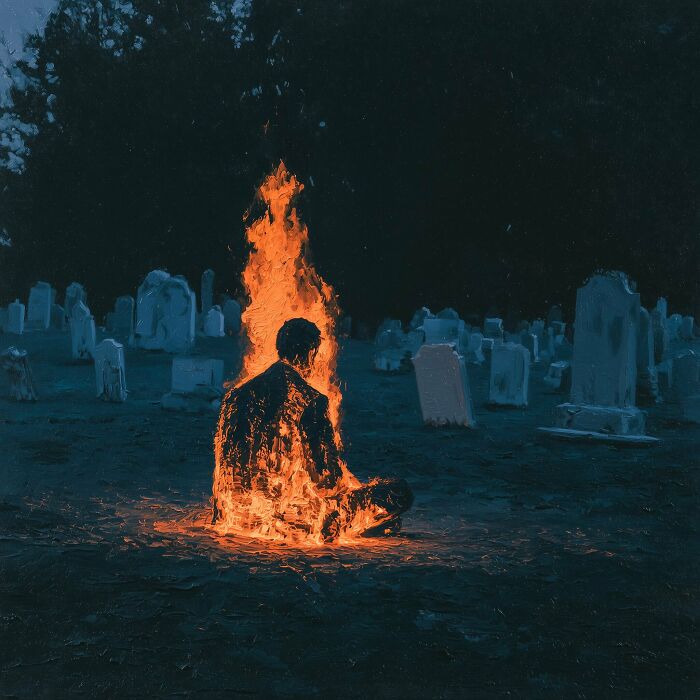 A Luca Ponsato surreal work: a person engulfed in flames sits in a cemetery at night, exploring human emotions.