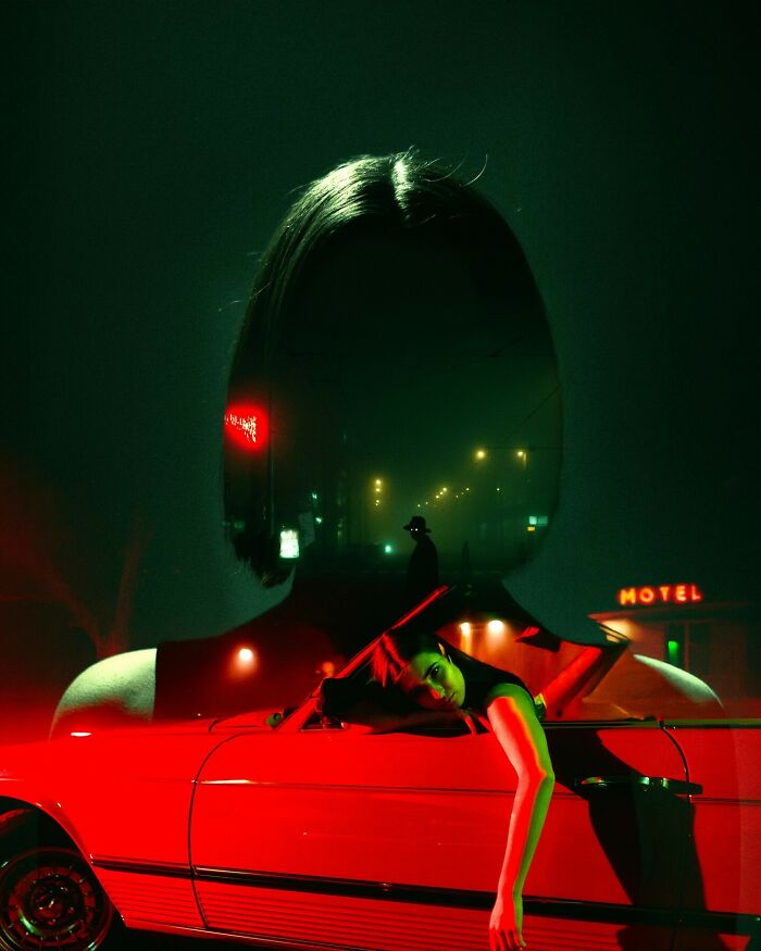 A cinematic portrait of a woman leaning on a red car with a motel sign and city lights in the background.