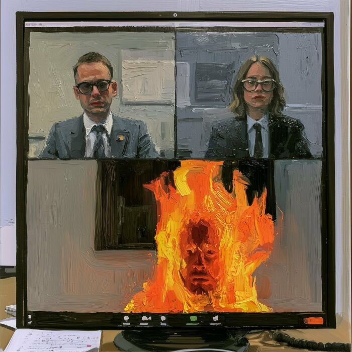 A Luca Ponsato surreal work: two people in video chat above a burning face on a monitor, exploring human emotions.