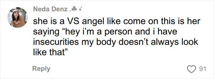 A comment emphasizing Sara Sampaio as a VS Angel showing realistic Instagram bodies and insecurities. A comment emphasizing Sara Sampaio as a VS Angel showing realistic Instagram bodies and insecurities.