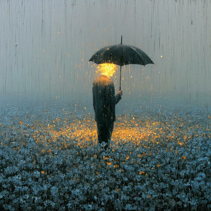 A surreal artwork of a person with a flaming head under an umbrella in a field of glowing flowers.