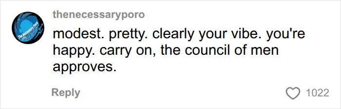 A comment on social media about a teacher's dress code, stating, 'modest. pretty. clearly your vibe. you're happy. carry on, the council of men approves.' A comment on social media about a teacher's dress code, stating, 'modest. pretty. clearly your vibe. you're happy. carry on, the council of men approves.'