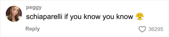A social media comment by peggy saying, schiaparelli if you know you know, mentioning worst celebrities. A social media comment by peggy saying, schiaparelli if you know you know, mentioning worst celebrities.