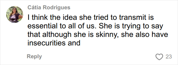 A comment discussing Sara Sampaio's message about insecurities and perfect Instagram bodies. A comment discussing Sara Sampaio's message about insecurities and perfect Instagram bodies.