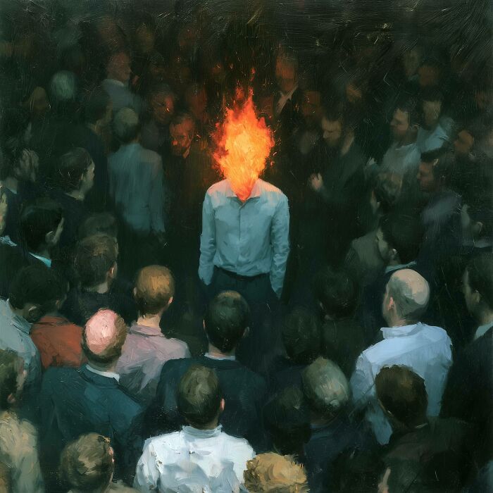 A surreal work by Luca Ponsato showing a man with a flaming head in a crowd of people, exploring human emotions.