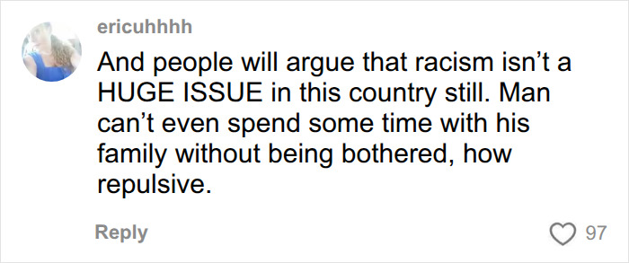 A comment on the White Karen confronting a Black dad with kids at the pool, stating racism is a huge issue. A comment on the White Karen confronting a Black dad with kids at the pool, stating racism is a huge issue.