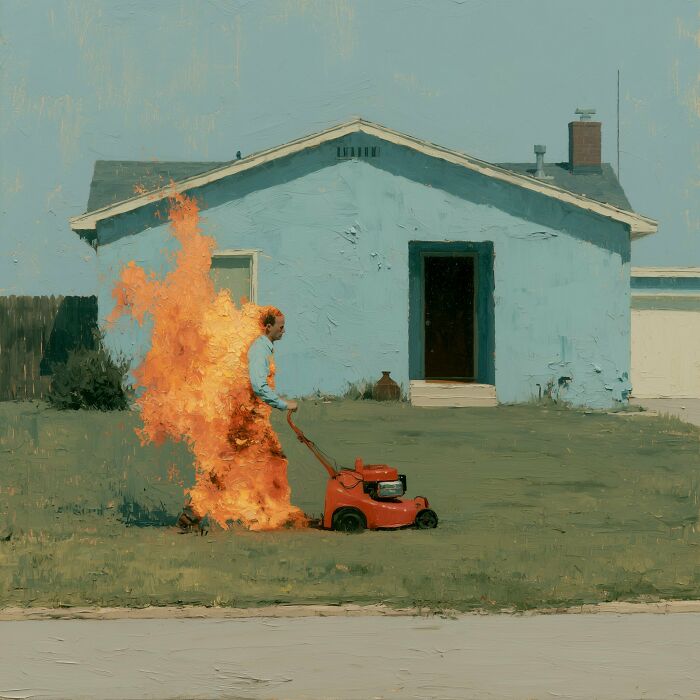 A surreal work by Luca Ponsato depicting a man on fire mowing a lawn in front of a blue house, exploring human emotions.