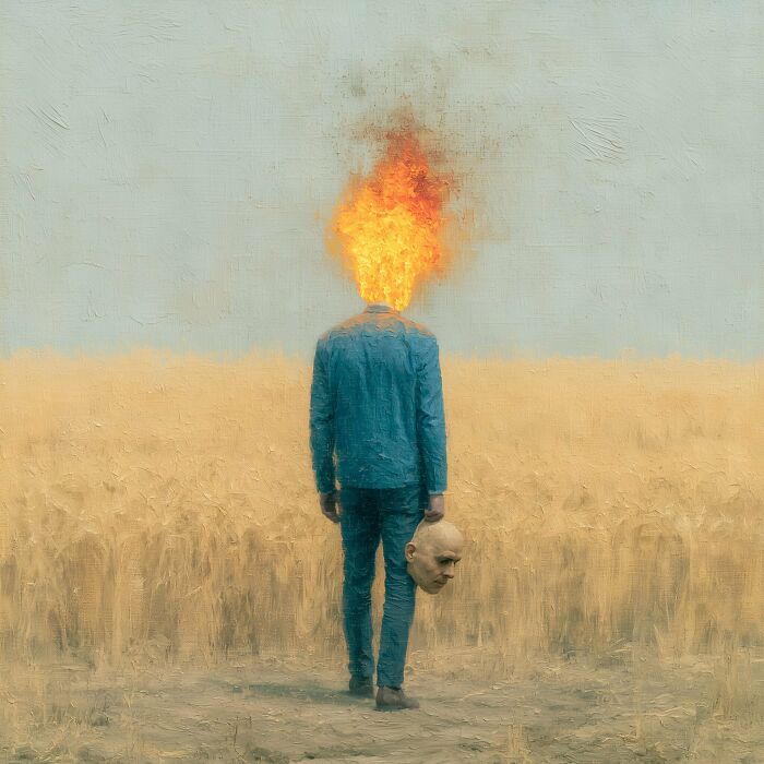 A man with his head on fire, holding a detached head, walks through a field, illustrating human emotions.