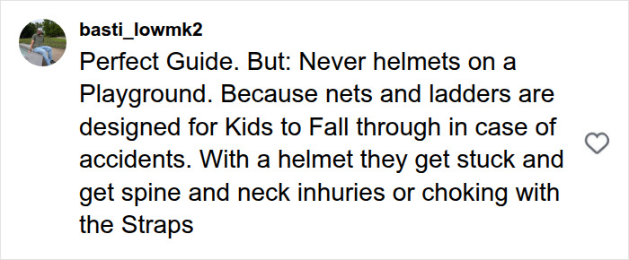 An Instagram comment about helmets on playgrounds, a key thing parents should never allow their children to do.