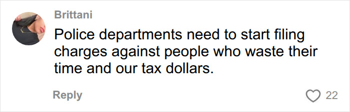 A comment from Brittani says, Police departments need to start filing charges against people who waste their time in Karen case. A comment from Brittani says, Police departments need to start filing charges against people who waste their time in Karen case.