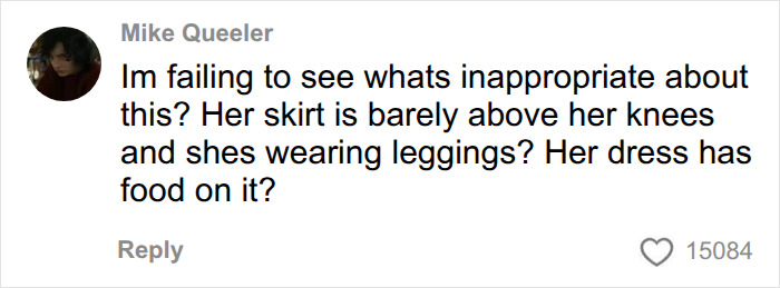 A social media comment from Mike Queeler failing to see inappropriateness in a teacher's dress code. A social media comment from Mike Queeler failing to see inappropriateness in a teacher's dress code.