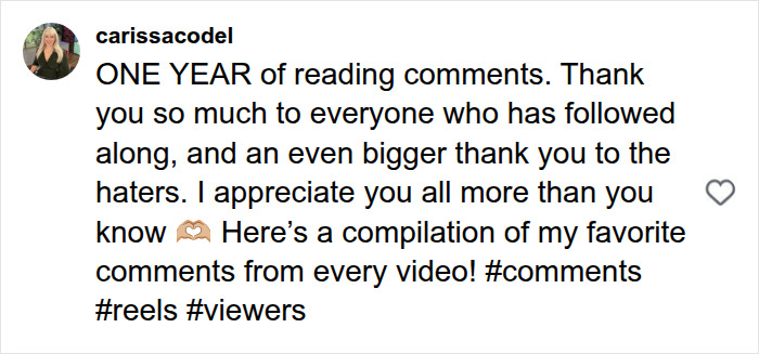 Screenshot of an Instagram post from Carissa Codell celebrating one year of reading hateful comments, viral news anchor. Screenshot of an Instagram post from Carissa Codell celebrating one year of reading hateful comments, viral news anchor.