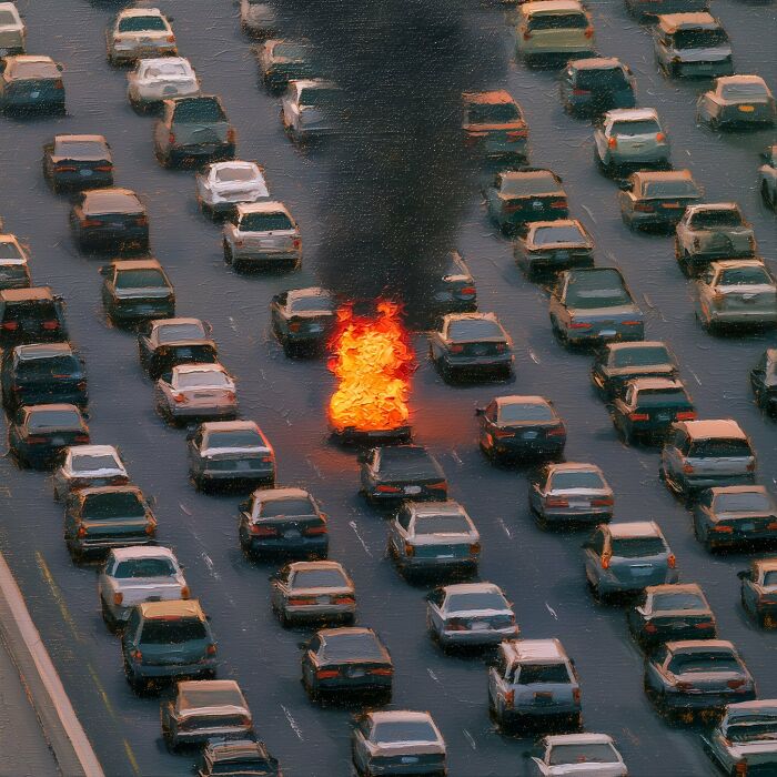 A painting of a surreal work by Luca Ponsato showing a burning car in a traffic jam, exploring human emotions.