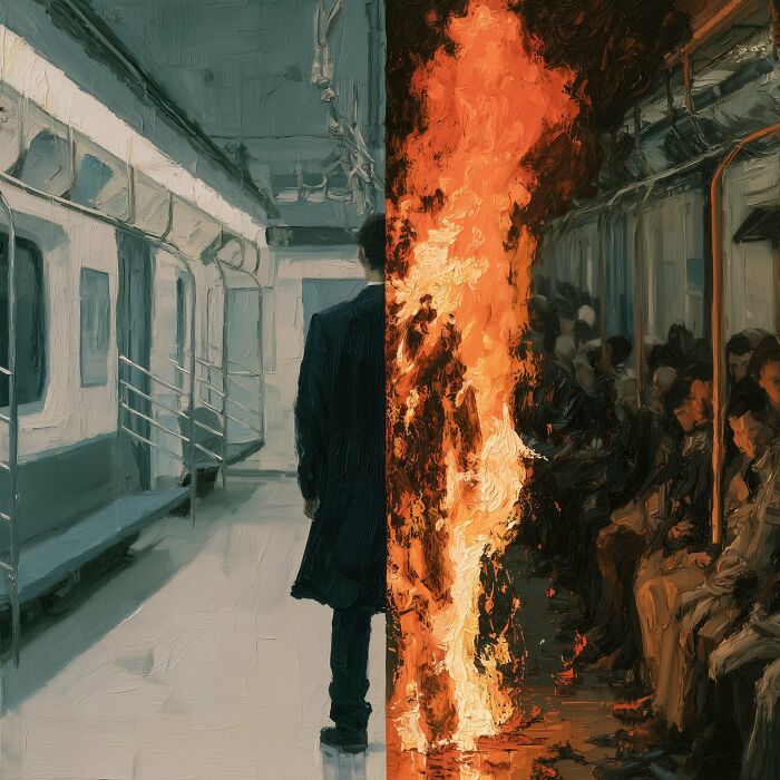 Surreal work by Luca Ponsato of a man in a subway, split between an empty car and a fiery crowd, exploring human emotions.