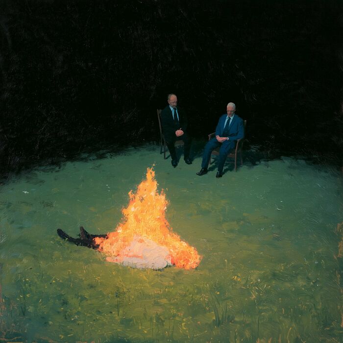 Surreal work by Luca Ponsato of two men seated in a dark field, observing a burning figure, exploring human emotions.