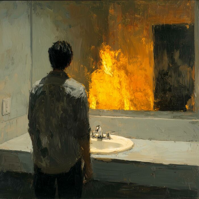 Surreal work by Luca Ponsato of a man looking at a fiery reflection in a bathroom mirror, exploring human emotions.