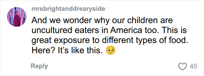 A comment about the lack of diverse kid’s school lunch options in USA, leading to uncultured eaters. A comment about the lack of diverse kid’s school lunch options in USA, leading to uncultured eaters.