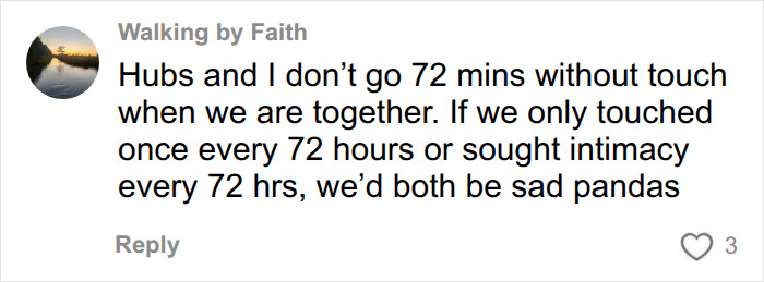A user comment on the 72-hour rule, indicating frequent intimacy to keep it alive, rather than waiting 72 hours. A user comment on the 72-hour rule, indicating frequent intimacy to keep it alive, rather than waiting 72 hours.
