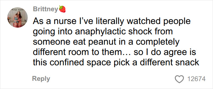 A comment from Brittney on social media, a nurse, detailing the dangers of eating peanuts on plane. A comment from Brittney on social media, a nurse, detailing the dangers of eating peanuts on plane.