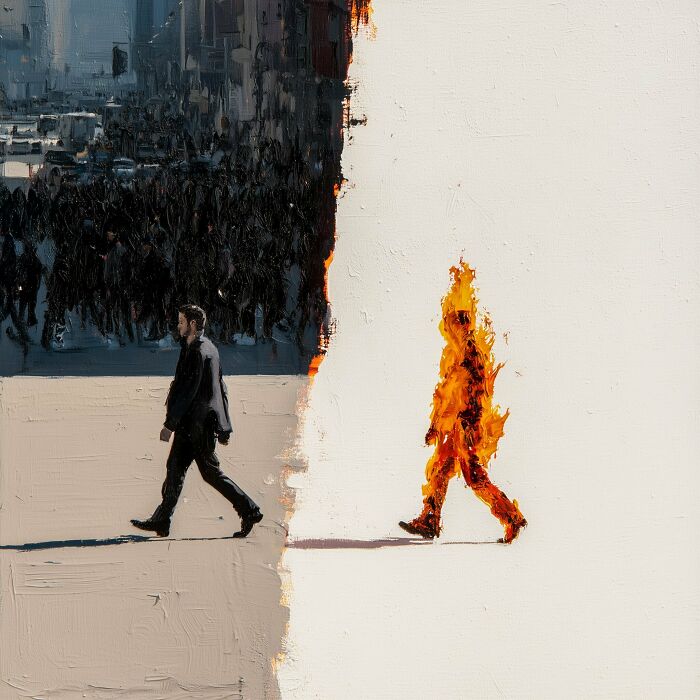 Surreal work by Luca Ponsato of a man walking, split between a crowd and a fiery figure, exploring human emotions.