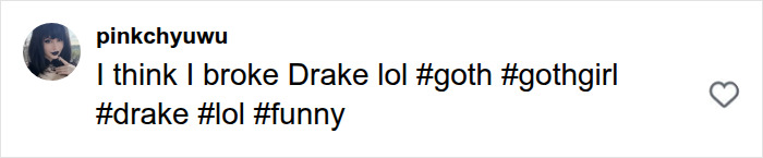 Screenshot of a comment from pinkchyuwu: I think I broke Drake lol #goth #gothgirl #drake #lol #funny