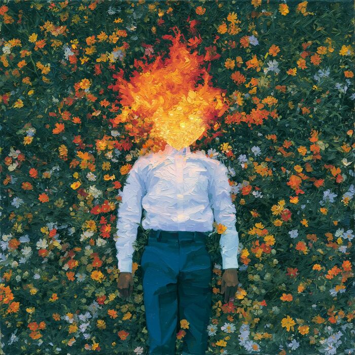 Surreal work by Luca Ponsato of a man with his head on fire, lying in a field of flowers, exploring human emotions.