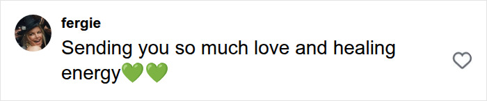 A social media comment from user fergie sending love and healing energy, despite Perez Hilton's crisis. A social media comment from user fergie sending love and healing energy, despite Perez Hilton's crisis.