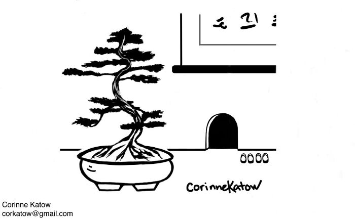 A single-panel cartoon by Corinne Katow showcases a bonsai tree in a pot next to a mouse hole.