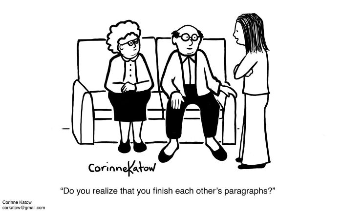 A single-panel cartoon by Corinne Katow illustrates a couple sitting on a couch, talking to a standing woman.