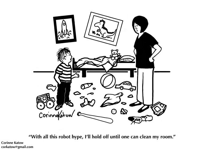 A single-panel cartoon by Corinne Katow features a boy with a messy room and his mother.