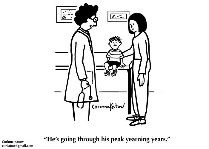 A Corinne Katow single-panel cartoon shows a doctor and mother with a young child, depicting clever everyday life jokes.