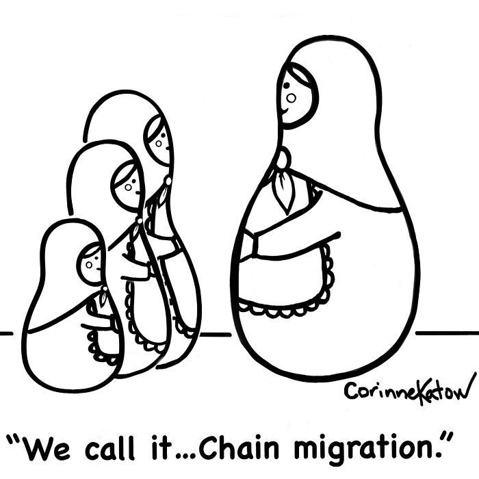 A Corinne Katow single-panel cartoon illustrates nesting dolls, a brilliant joke about chain migration.