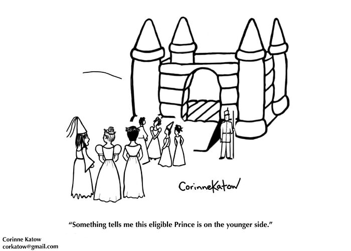 A Corinne Katow single-panel cartoon depicts princesses outside a bounce house castle, a clever joke about an eligible prince.