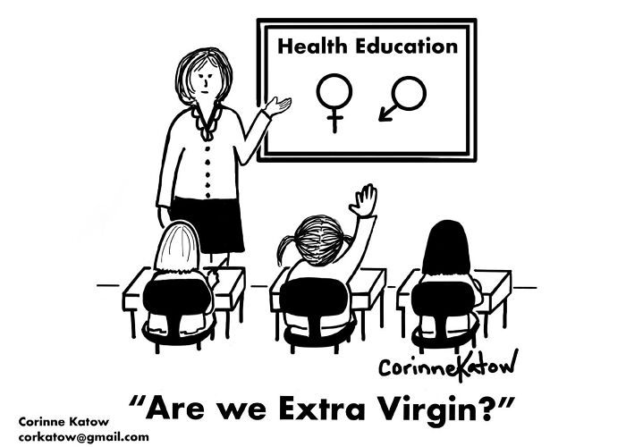 A Corinne Katow single-panel cartoon shows a health education class, a brilliant joke about student questions.