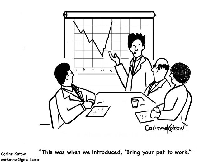 A single-panel cartoon by Corinne Katow depicts a business meeting with a graph showing a downward trend.