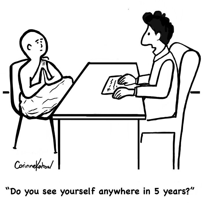 A clever single-panel cartoon by Corinne Katow of a meditating monk in a job interview. Brilliant joke about future plans.